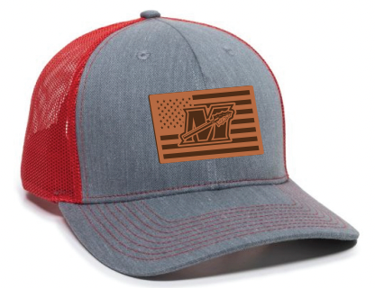Gray and Red Flag Patch Trucker Cap w/Red Stitching